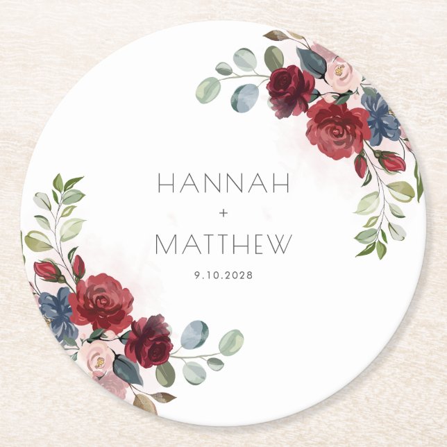 Floral Burgundy Script Chic Wedding  Round Paper Coaster (Front)