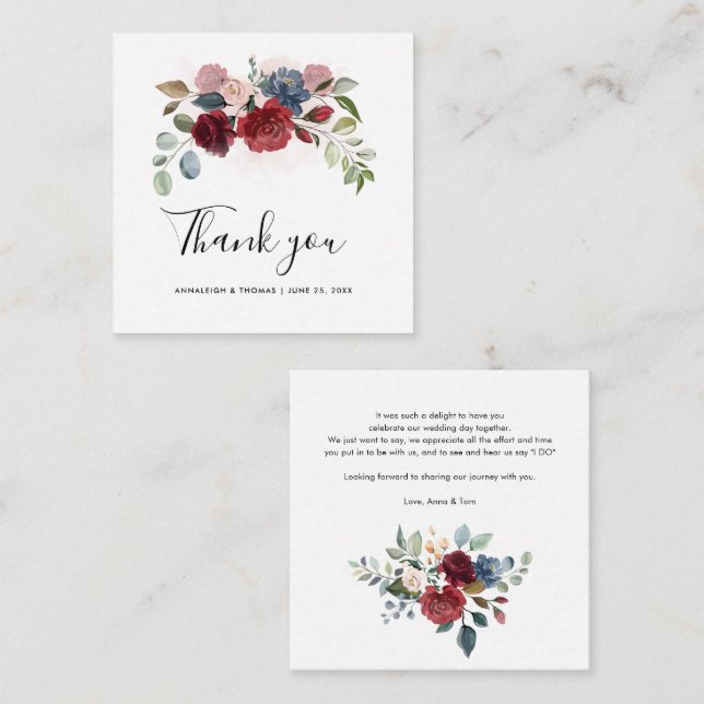 Floral Burgundy Script Elegant Wedding Thank You Note Card (Front/Back)