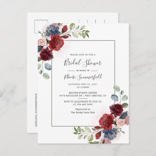 Floral Burgundy Script Eucalyptus Bridal Shower Invitation Postcard