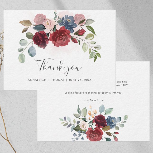 Floral Burgundy Script Wedding Thank You Note Card (Floral Burgundy Script Wedding Thank You Note Card)