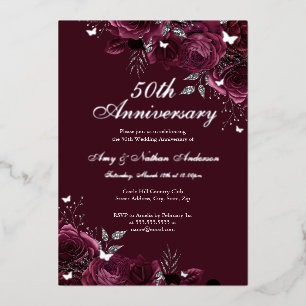 Floral Burgundy Silver 50th Wedding Anniversary Foil Invitation