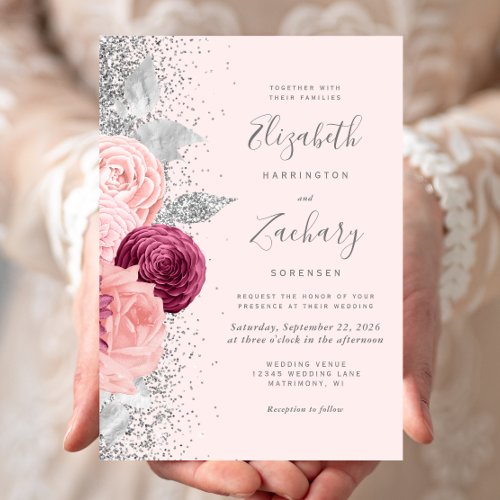 Floral Burgundy Silver Glitter Blush Pink Wedding Invitation