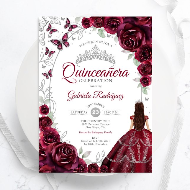Floral Burgundy Silver Quinceanera Invitation (Creator Uploaded)
