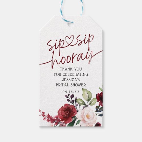 Floral Burgundy Sip Sip Hooray Bridal Shower Gift Tags