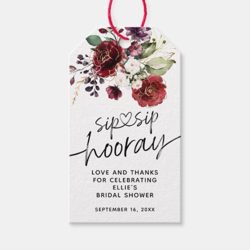 Floral Burgundy Sip Sip Hooray Favor Bridal Shower Gift Tags