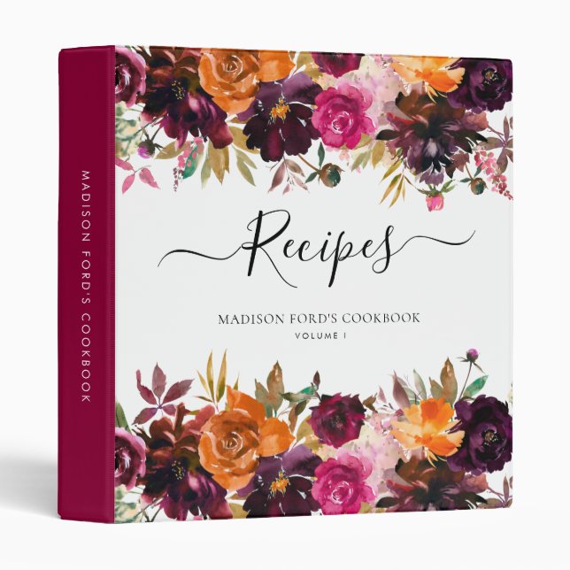 Floral Burgundy Terracotta Purple Kitchen Recipe 3 Ring Binder (Front/Spine)