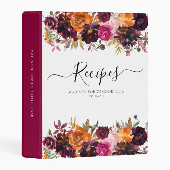 Floral Burgundy Terracotta Purple Kitchen Recipe Mini Binder (Front/Spine)