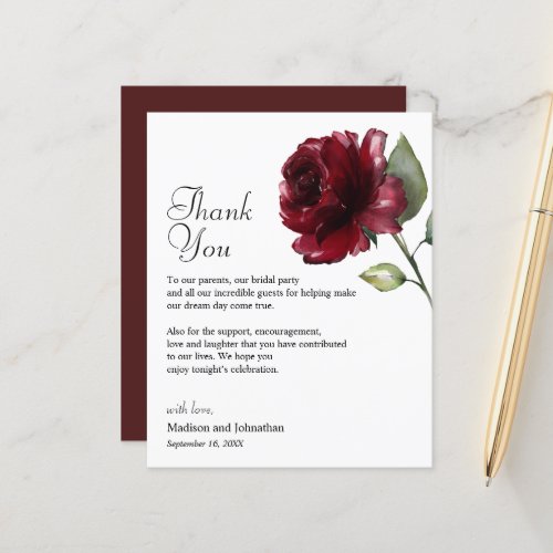 Floral Burgundy Thank You Wedding Reception Card