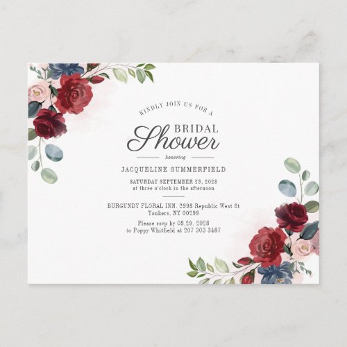 Floral Burgundy Watercolor Blush Bridal Shower Invitation Postcard