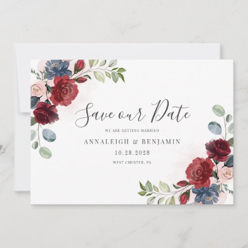 Floral Burgundy Watercolor Botanical Dusty Blue Save The Date