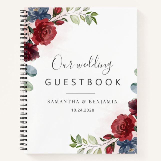 Floral Burgundy Watercolor Fall Wedding Guest Book (Front)