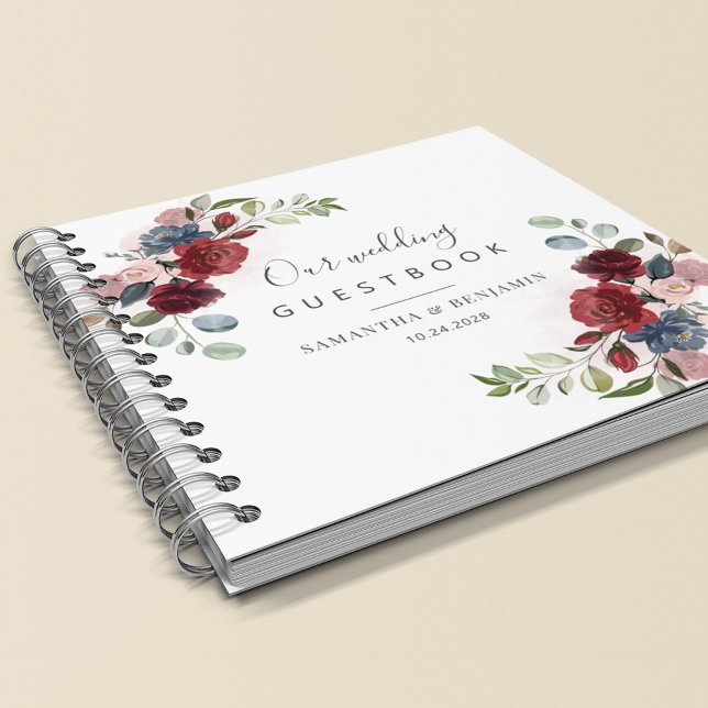 Floral Burgundy Watercolor Fall Wedding Guest Book (Burgundy Floral Srcipt Wedding Guestbook)