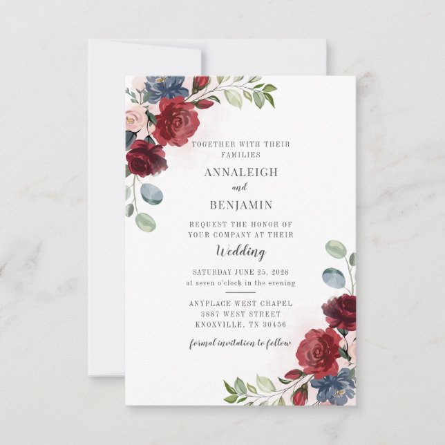 Floral Burgundy Watercolor Foliage Wedding Invitation (Front)