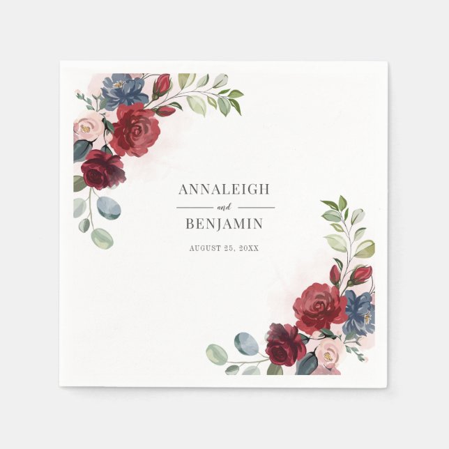Floral Burgundy Watercolor Foliage Wedding Napkins (Front)