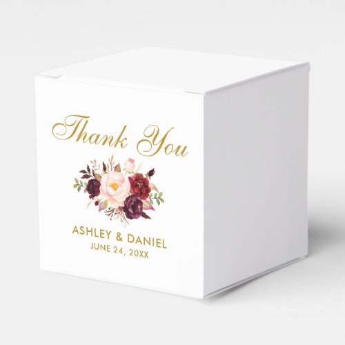 Floral Burgundy Watercolor Gold Wedding Thanks Favor Boxes