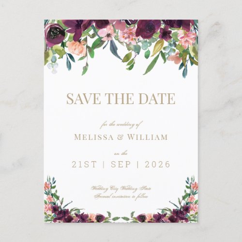 Floral Burgundy Watercolor Ivory Save the Date Announcement Postcard