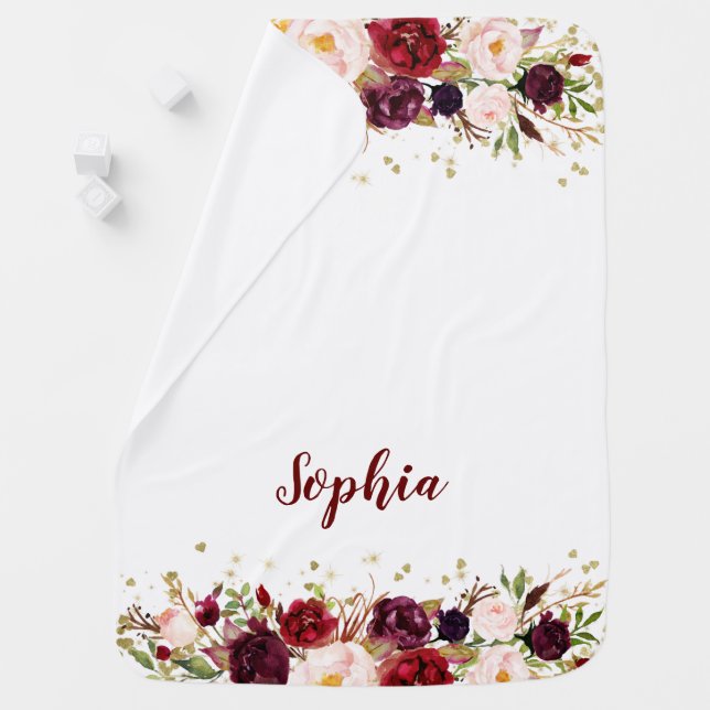 Floral Burgundy Watercolor Marsala Gold Baby Girl Blanket (In Situ)