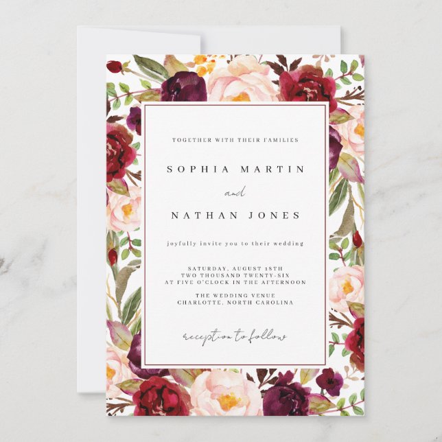 Floral Burgundy Watercolor Wedding Invitation (Front)