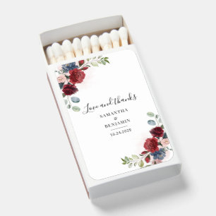 Floral Burgundy Watercolor Wedding Love and Thanks Matchboxes