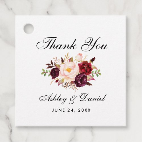 Floral Burgundy Watercolor Wedding Thank You Favor Tags