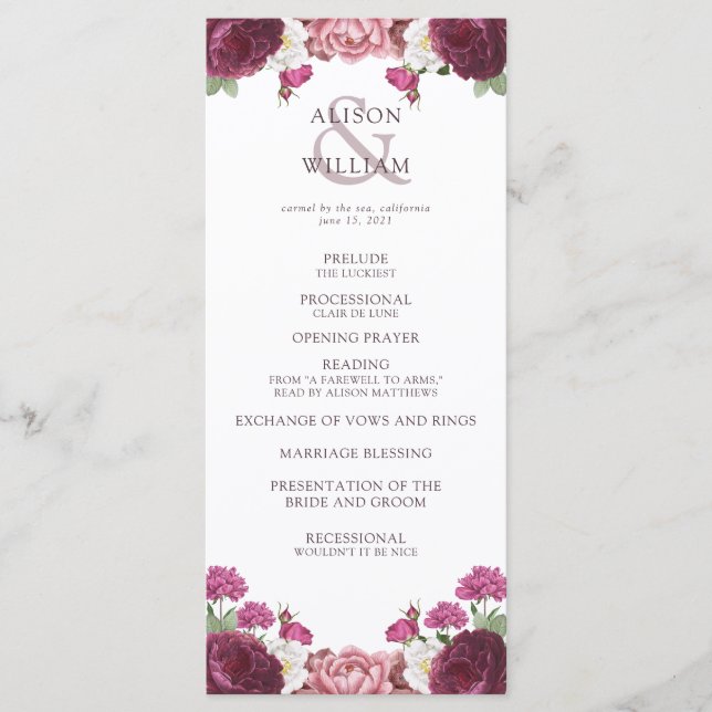 Floral Burgundy Wedding Ceremony Program (Front)