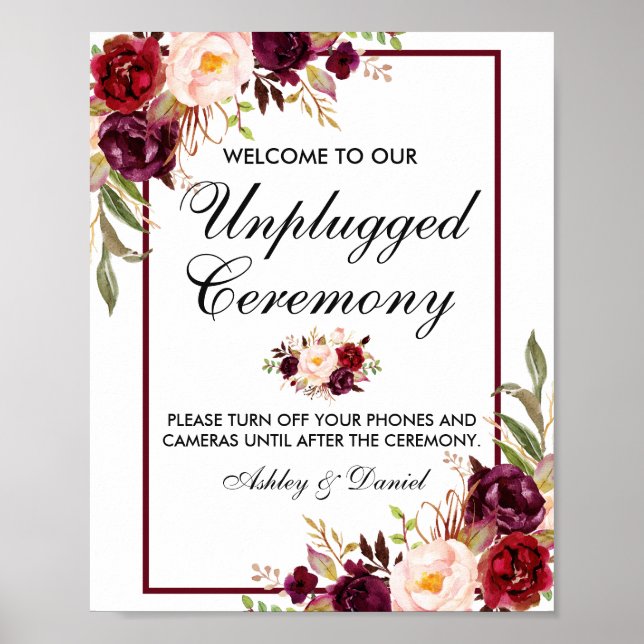 Floral Burgundy Wedding Ceremony Unplugged Poster (Front)