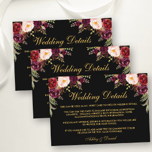 Floral Burgundy Wedding Details Black Insert Card
