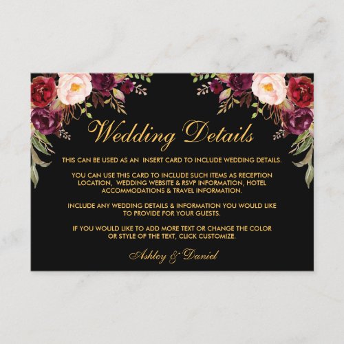 Floral Burgundy Wedding Details Black Insert Card