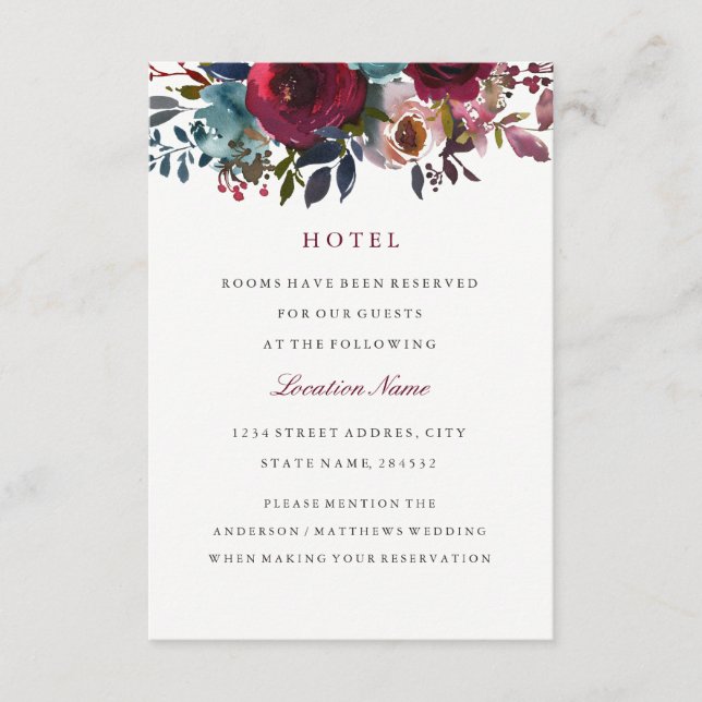 Floral Burgundy Wedding Hotel Accommodation Cards (Front)