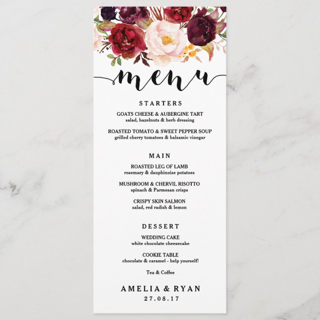 Floral Burgundy Wedding Menu Card (Front)