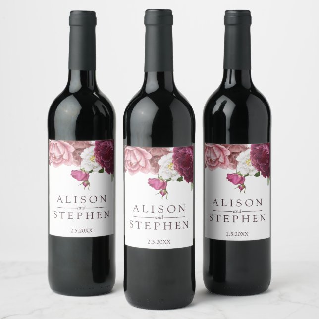 Floral Burgundy Wedding Personalized Wine Label (Bottles)