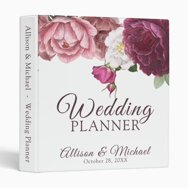 Floral Burgundy Wedding Planner 3 Ring Binder (Front/Spine)