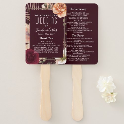 Floral Burgundy Wedding Program Hand Fan