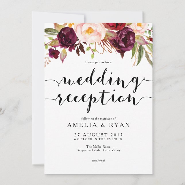 Floral Burgundy Wedding Reception Invitation (Front)