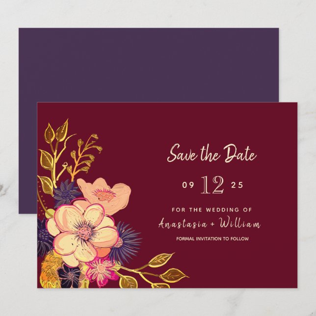 Floral Burgundy Wedding Save The Date (Front/Back)
