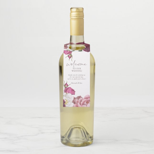 Floral Burgundy Wedding Welcome Bottle Hanger Tag (On Bottle)
