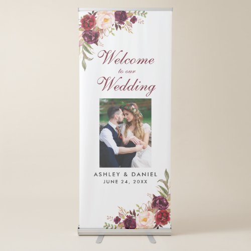Floral Burgundy Wedding Welcome Photo Retractable Banner