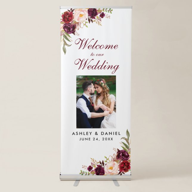 Floral Burgundy Wedding Welcome Photo Retractable Banner (Front)