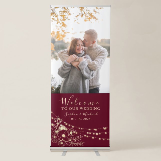 Floral Burgundy Wedding Welcome Retractable Banner (Front)