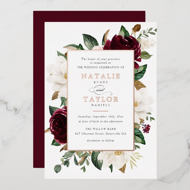 Floral Burgundy White Elegant Frame Rose Gold Foil Invitation (Front/Back)