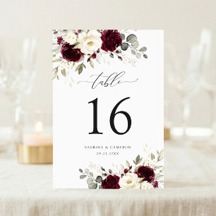 Floral Burgundy White Gold Elegant Table Number