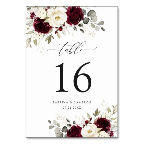 Floral Burgundy White Gold Elegant Table Number