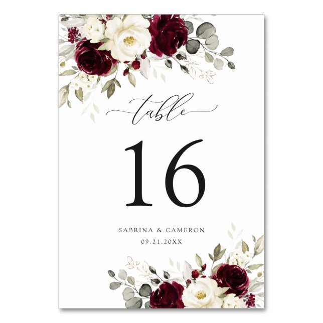 Floral Burgundy White Gold Elegant Table Number (Front)