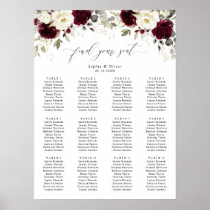 Floral Burgundy White Gold Wedding Seating Chart