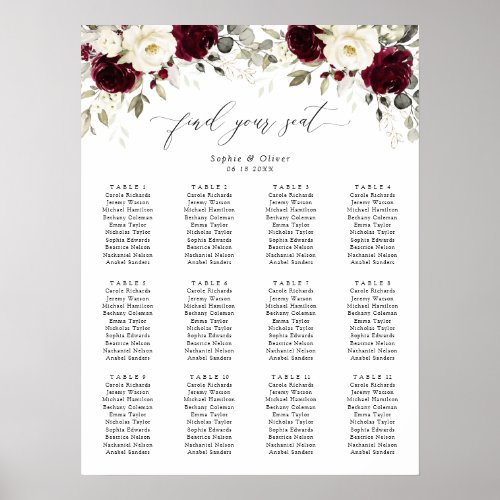 Floral Burgundy White Gold Wedding Seating Chart