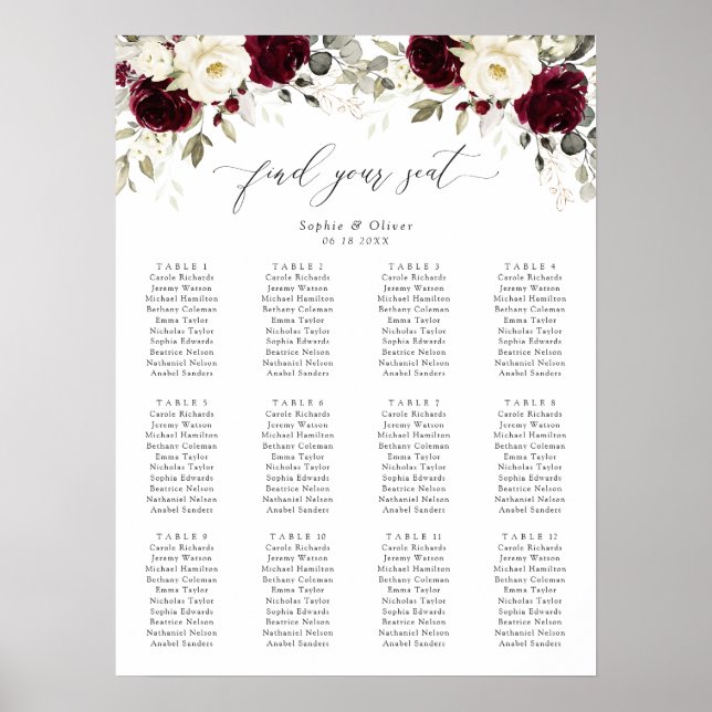 Floral Burgundy White Gold Wedding Seating Chart (Front)