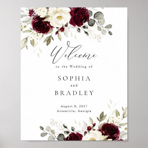 Floral Burgundy White Gold Wedding Welcome Sign