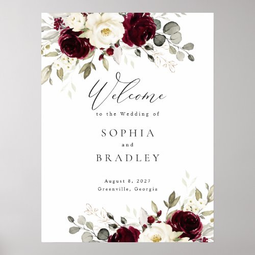 Floral Burgundy White Gold Wedding Welcome Sign