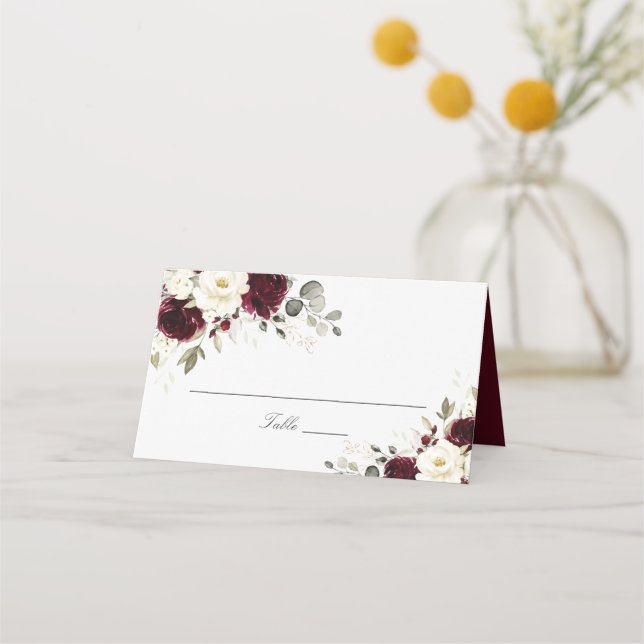 Floral Burgundy White Greenery Elegant Place Card (Front)