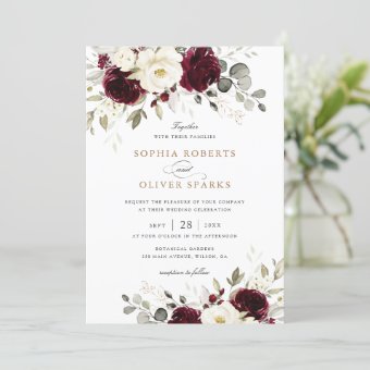 Floral Burgundy White Greenery Elegant Wedding Invitation | Zazzle